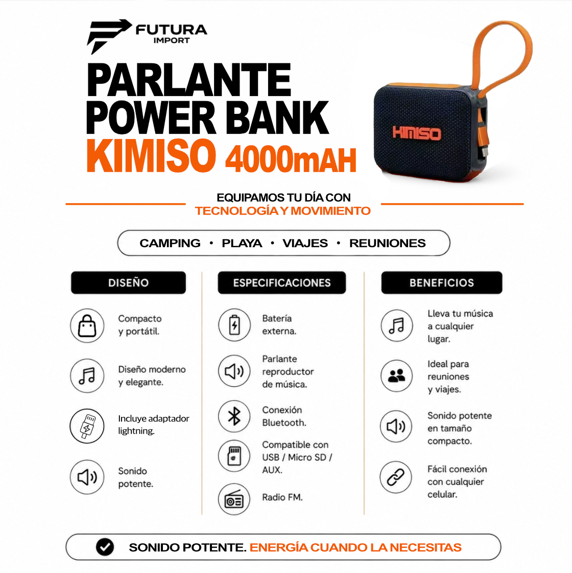 PARLANTE POWER BANK KIMISO 3 EN 1