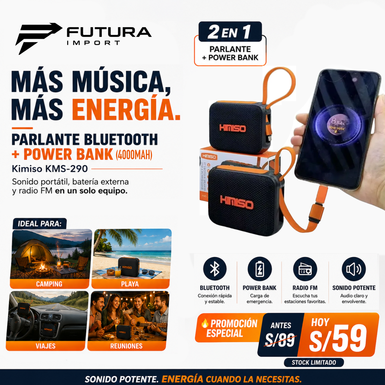 PARLANTE POWER BANK KIMISO 3 EN 1